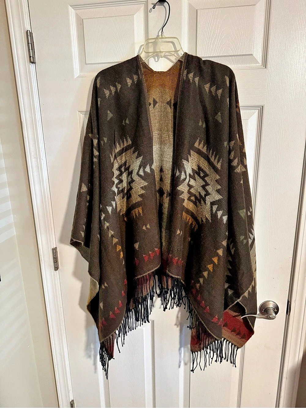 ASOS Geometric Fringe Poncho in Brown & Gray Like New